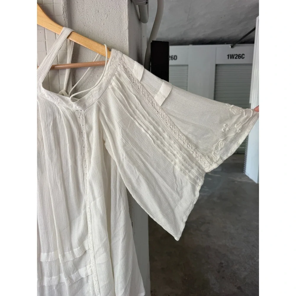 Free People Oversized Peasant Top XS Ivory Strappy Embroidered Boho Bell Sleeve